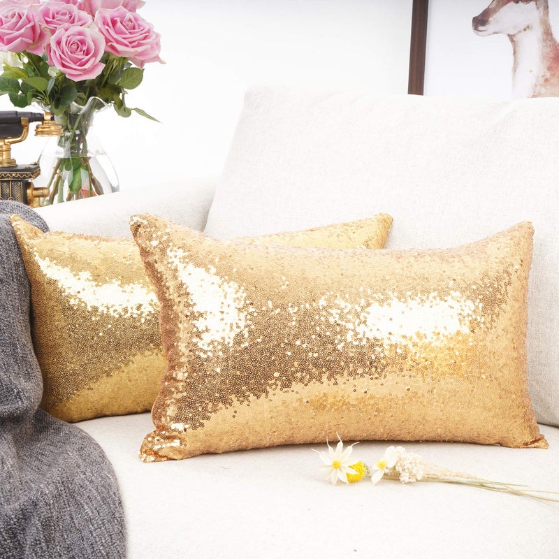 YOUR SMILE Pack of 2, New Luxury Series Gold Decorative Glitzy Sequin & Comfy Satin Solid Throw Pillow Cover Cushion Case for Wedding/Christmas,12" x 20" - Image 2